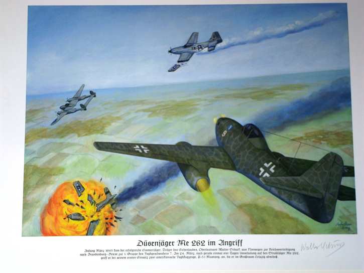 Kunstdruck Düsenjäger Me 262 im Angriff - Mit Original-Unterschrift des Trägers des Ritterkreuzes mit Eichenlaub Walter Schuck!
