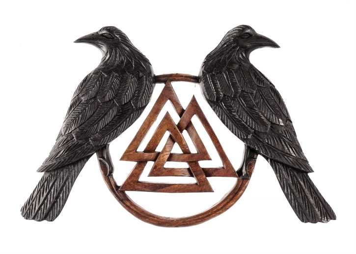 Wotansknoten mit den Raben Hugin & Munin aus Holz, Valknut, handgeschnitzt, geschwärzt