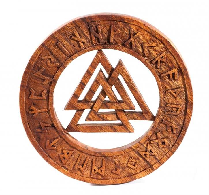 Wandbild Odins Knoten - Wotan - Valknut mit Runenband, handgeschnitzt aus Holz