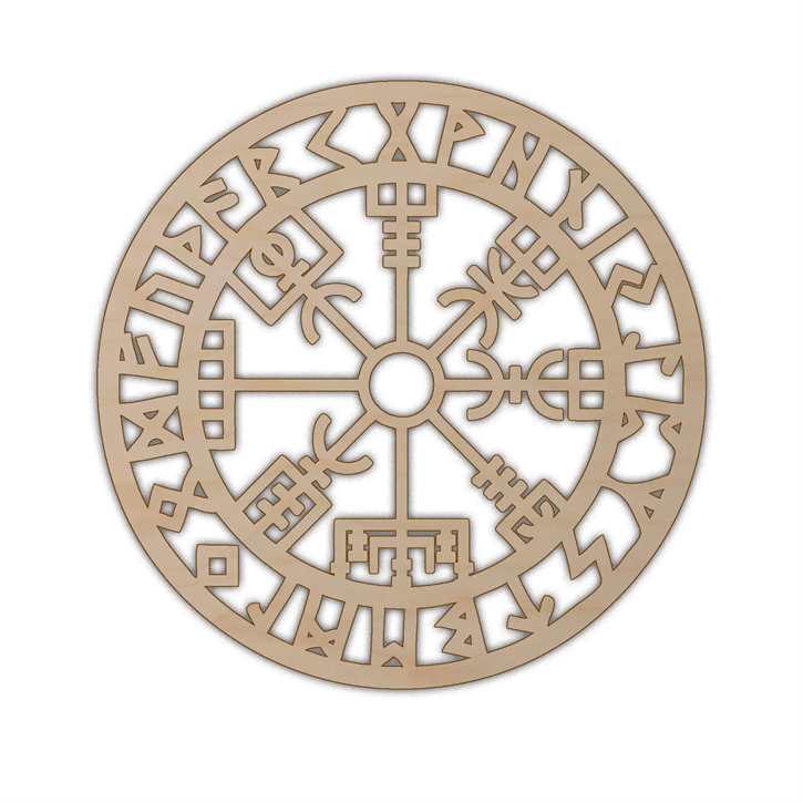 Fensterschild / Raumdeko Wikinger-Kompass Vegvisir mit Runenalphabet aus Holz