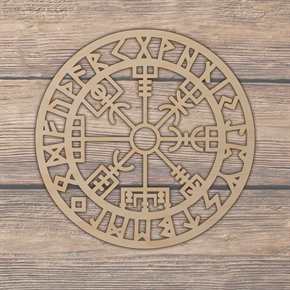 Fensterschild / Raumdeko Wikinger-Kompass Vegvisir mit Runenalphabet aus Holz